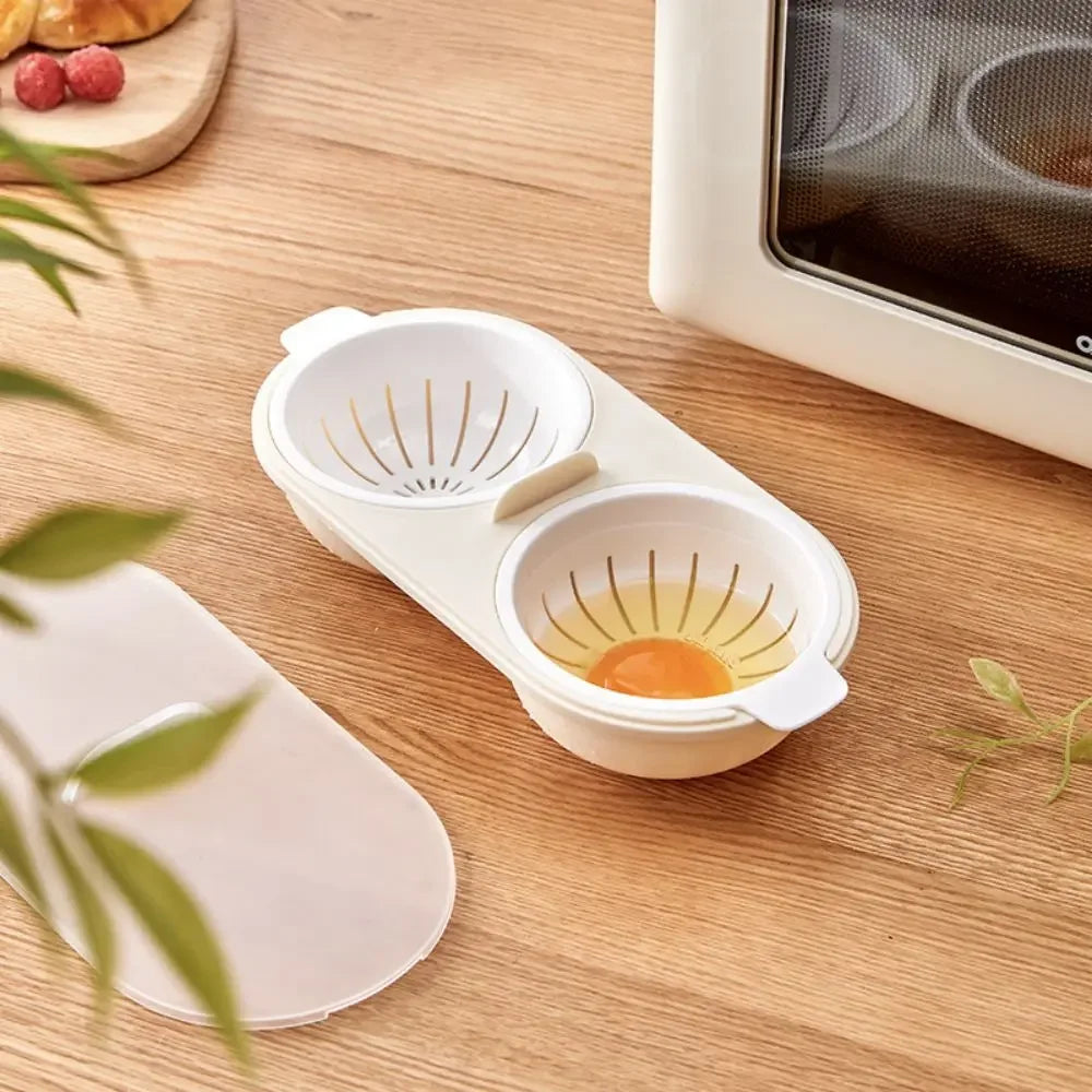 ALT Text: "Microwave Egg Poacher and Boiler, Double-Cup Egg Maker, Clear Water Lotus Egg Mold, Kitchen Gadget for Perfectly Cooked Eggs, Hot Spring Egg Maker, Convenient Cooking Tool"